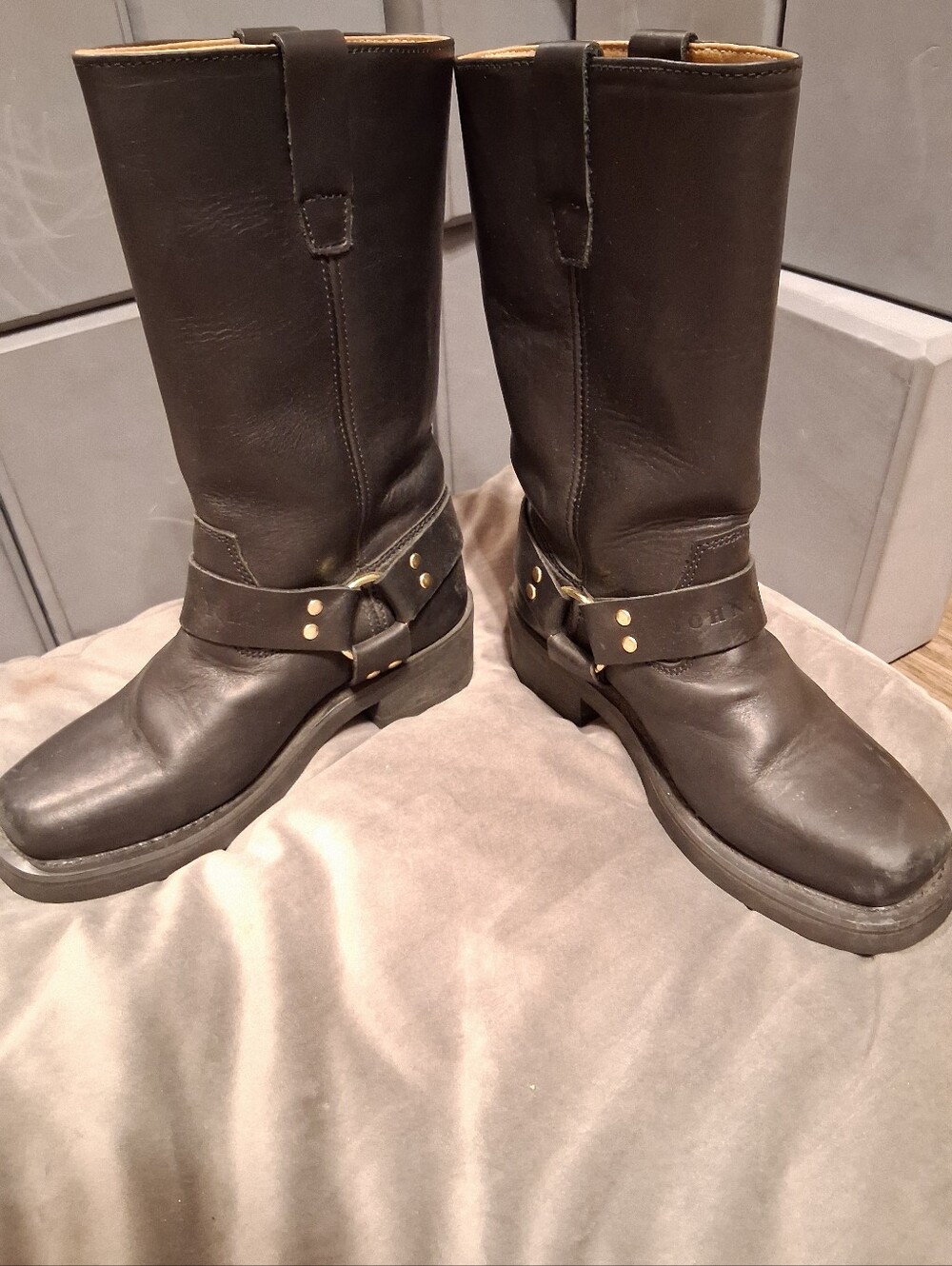 Johnny Reb Men's Long Black Leather Harness Boots AU 7.5EW / US Men 8.5
